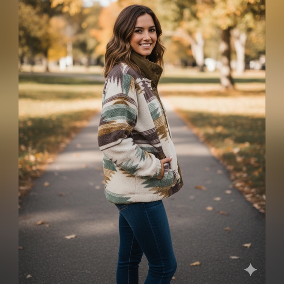 Weekends Everyday Women's Sage Brown Aztec Pattern Button Down Shacket Size Med - Picture 4 of 10